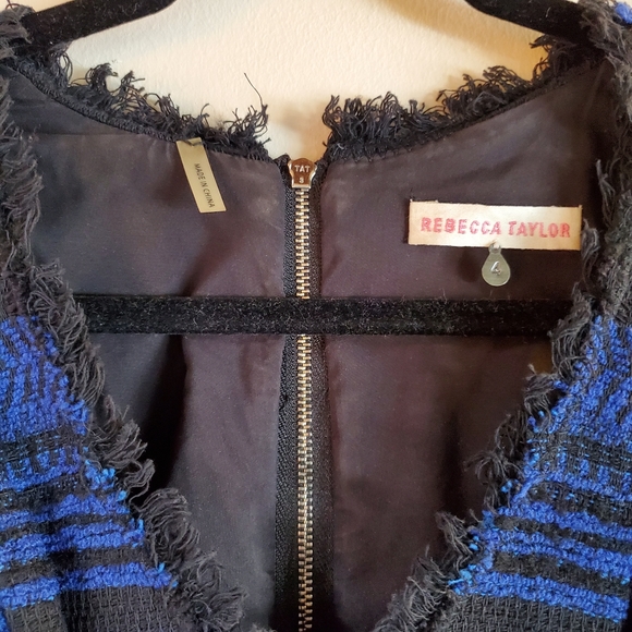 Rebecca Taylor Blue and Black Textured Dress with Leather Sleeves - Size 4 - Picture 3 of 5